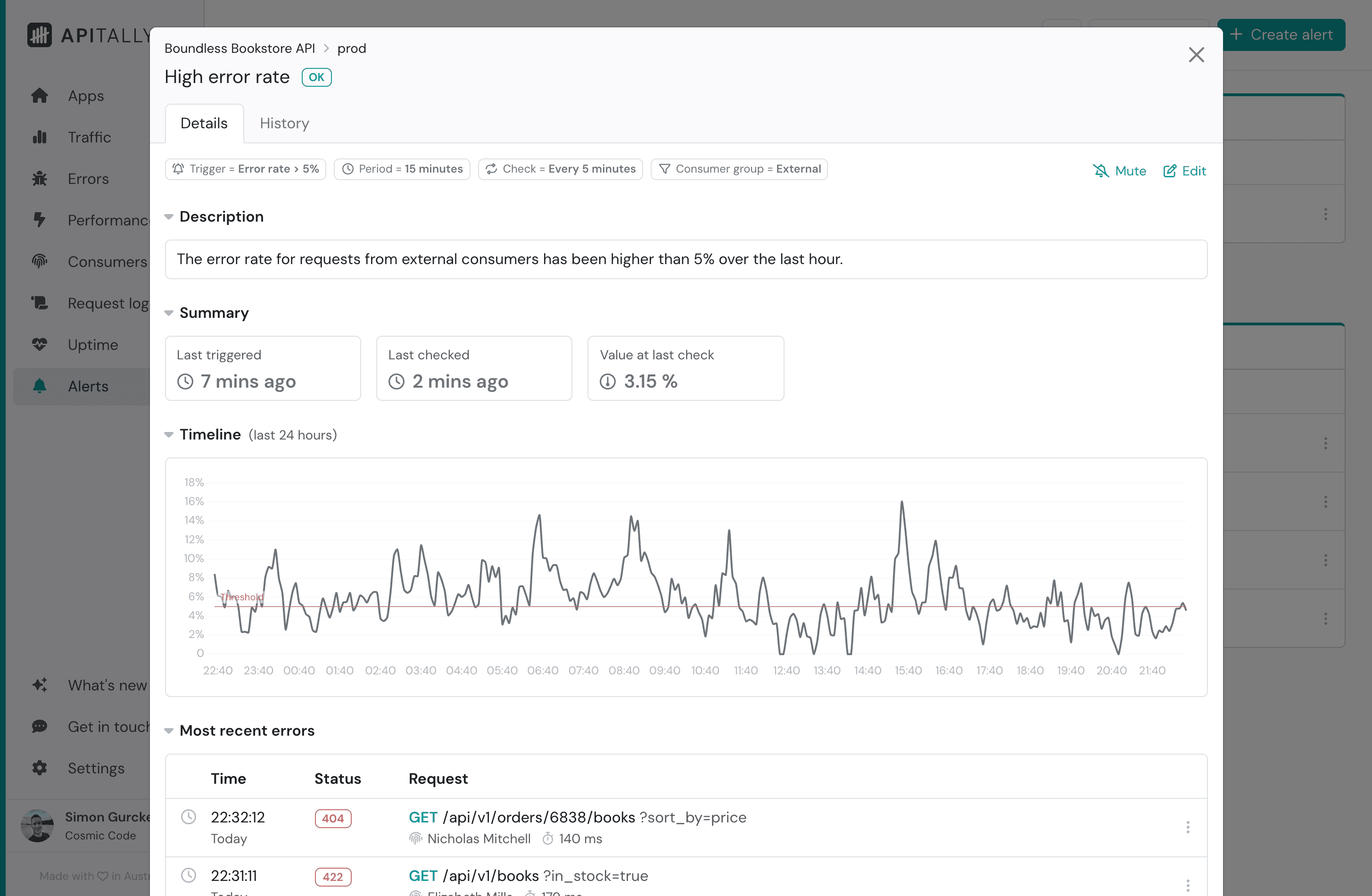 Screenshot of custom alert in Apitally