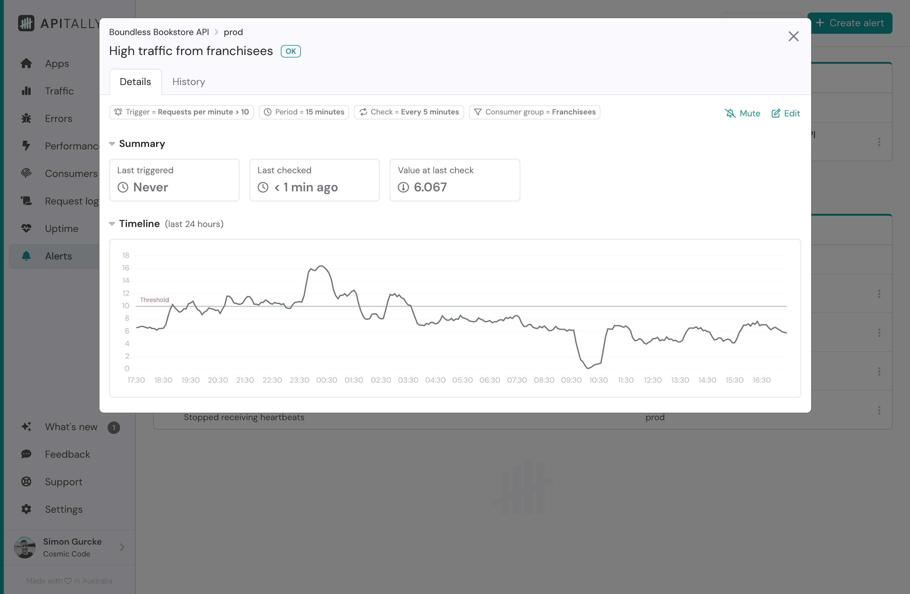 Screenshot of custom alert in Apitally