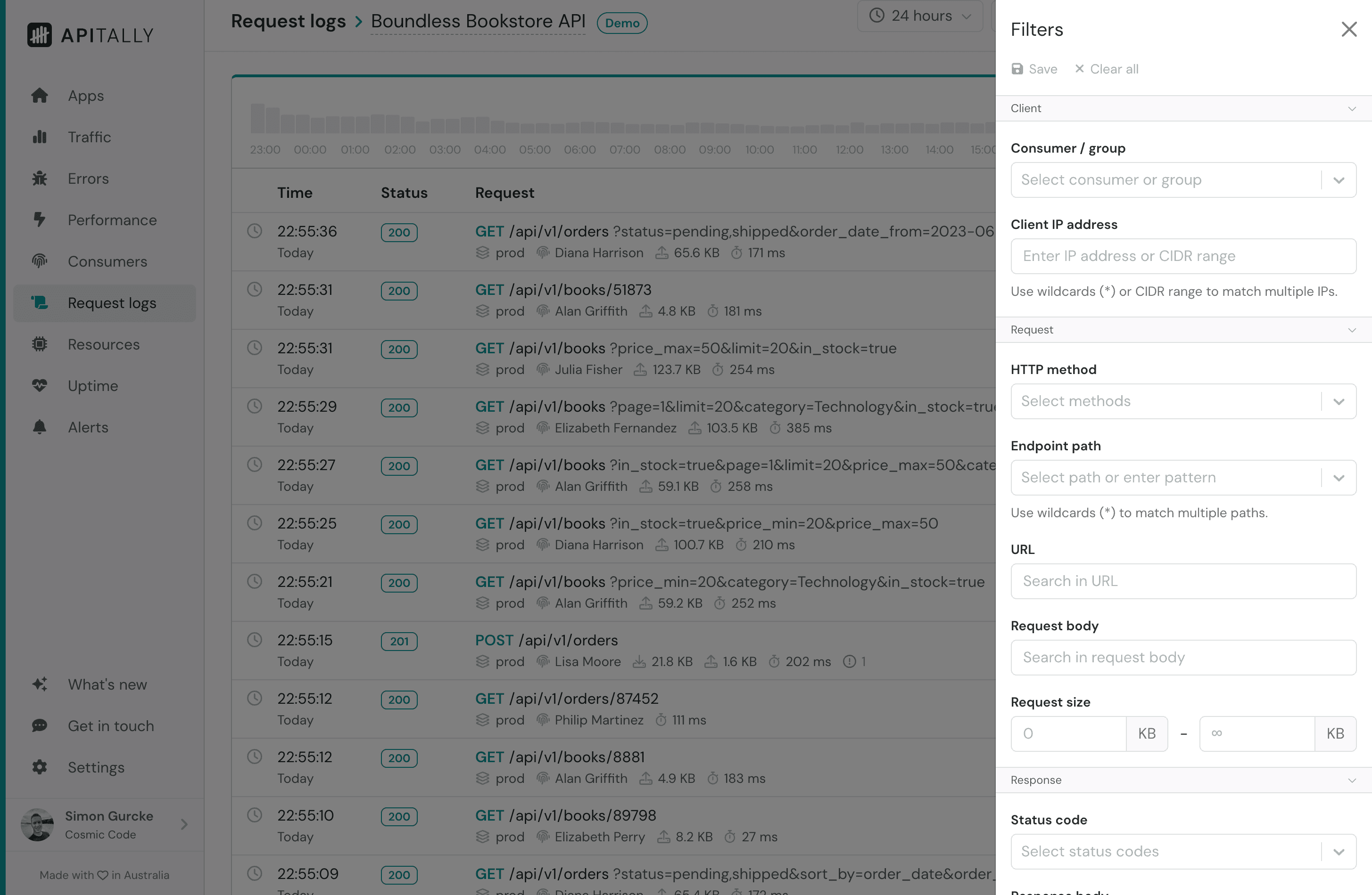 Request log filter pane in Apitally