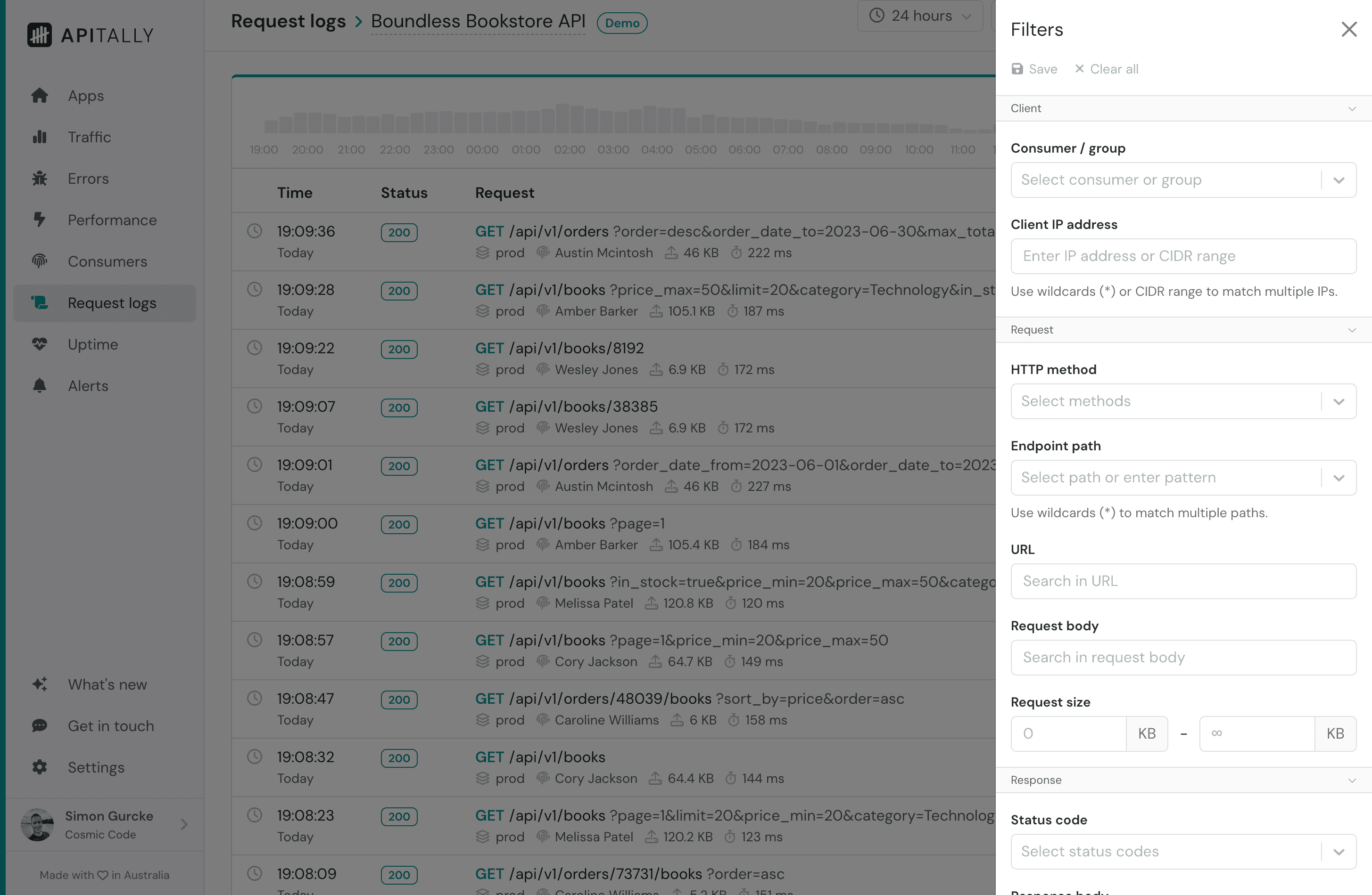 Screenshot of request log filter pane in Apitally