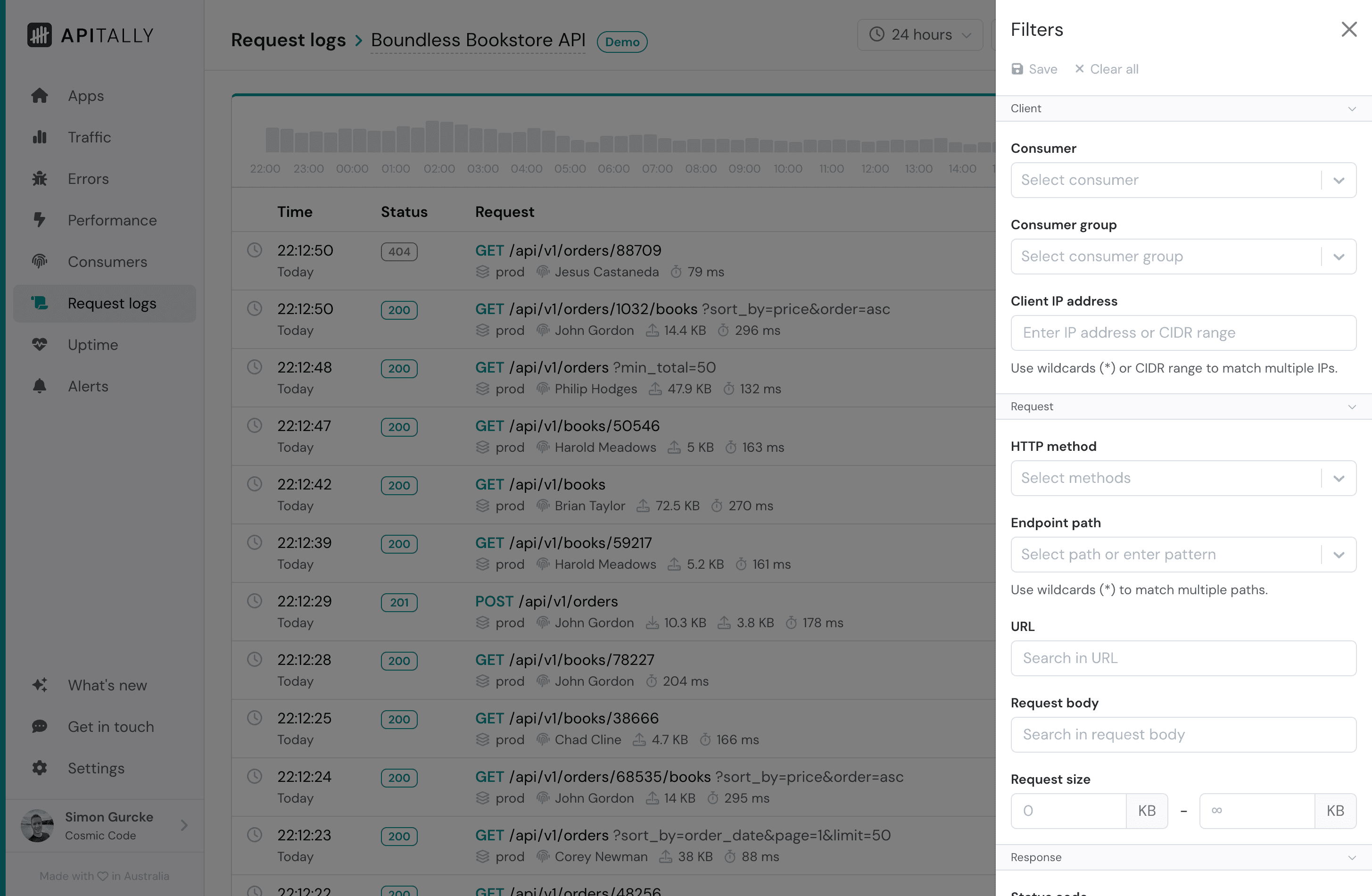 Screenshot of request log filter pane in Apitally