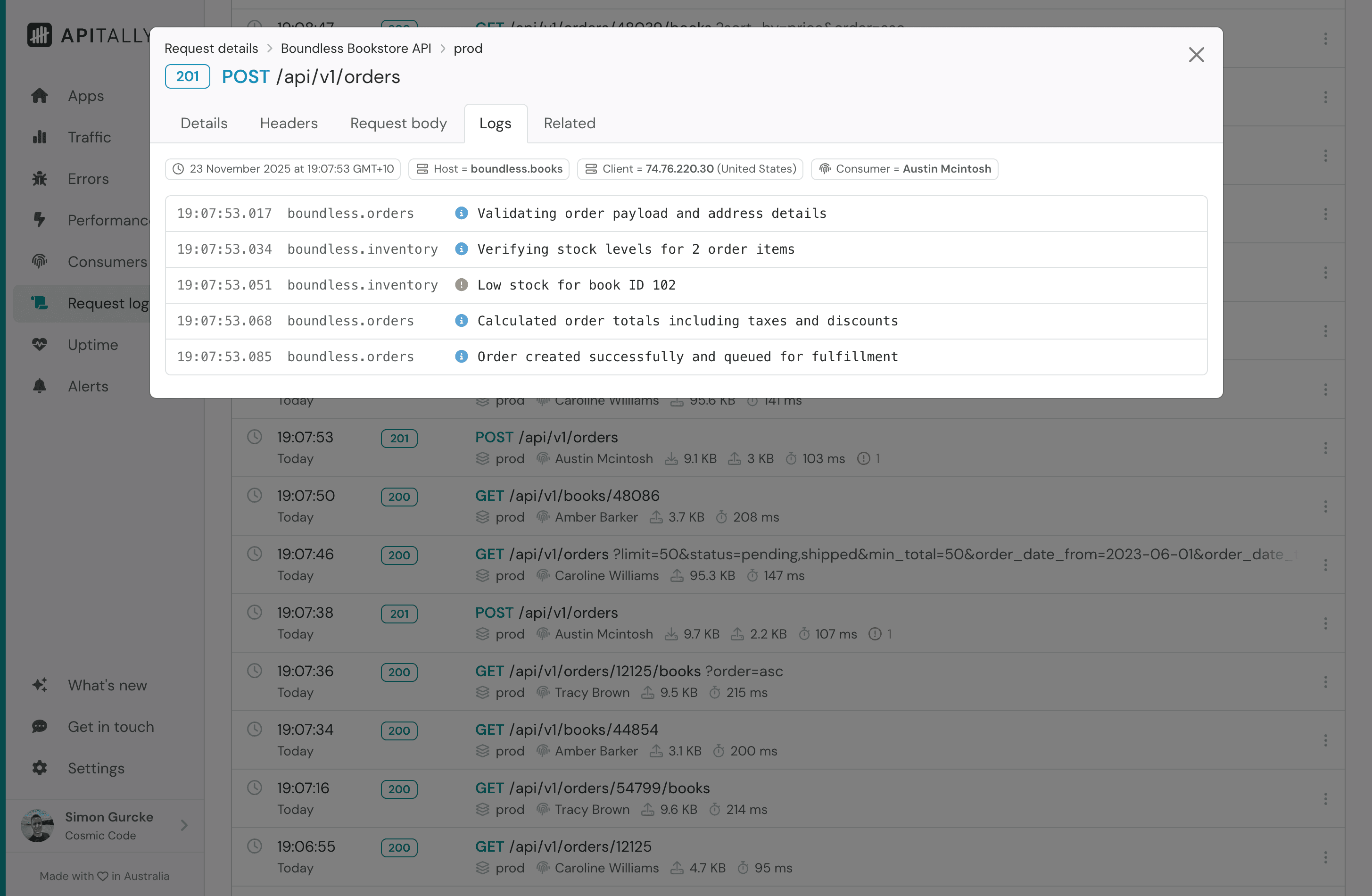 Screenshot of logs tab in request log item details in Apitally