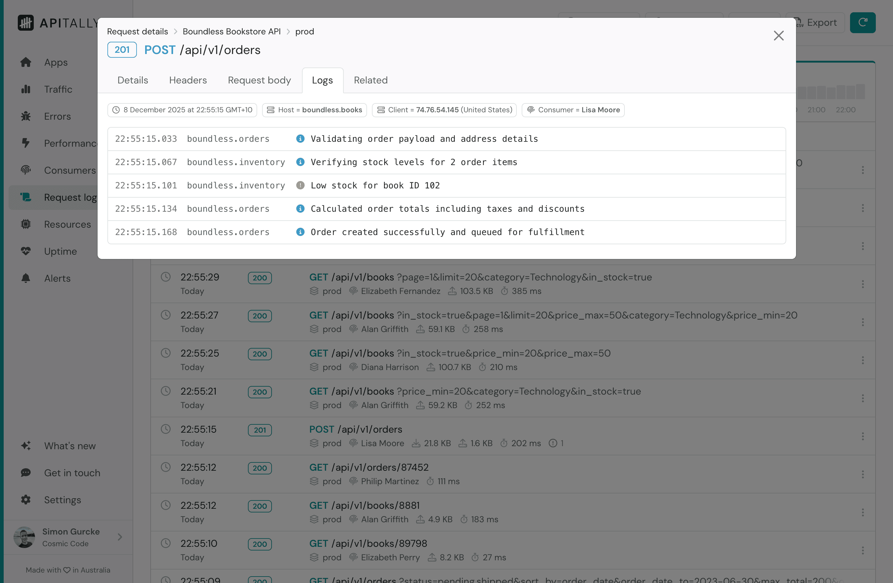 Screenshot of logs tab in request log item details in Apitally