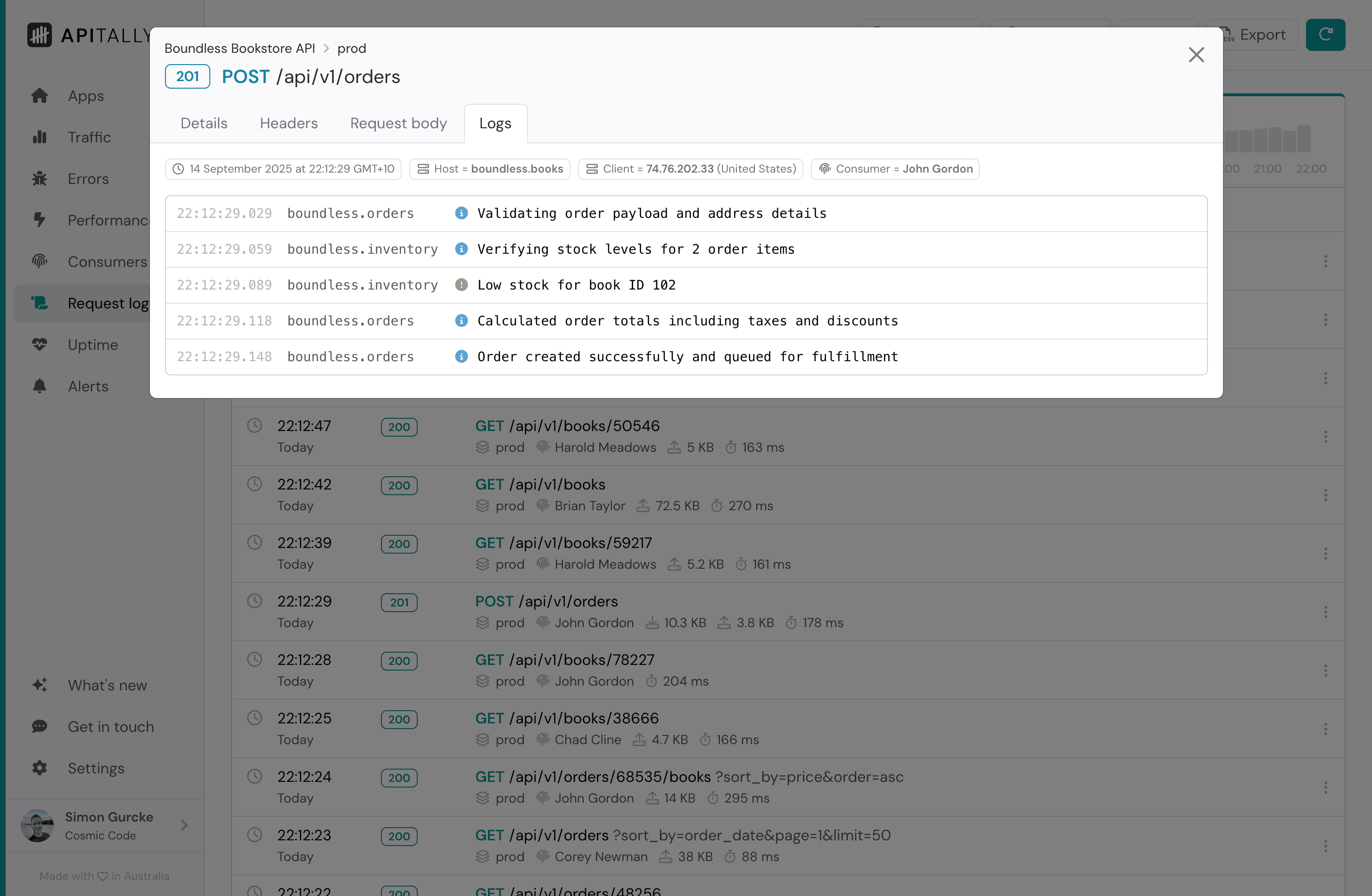 Screenshot of logs tab in request log item details in Apitally
