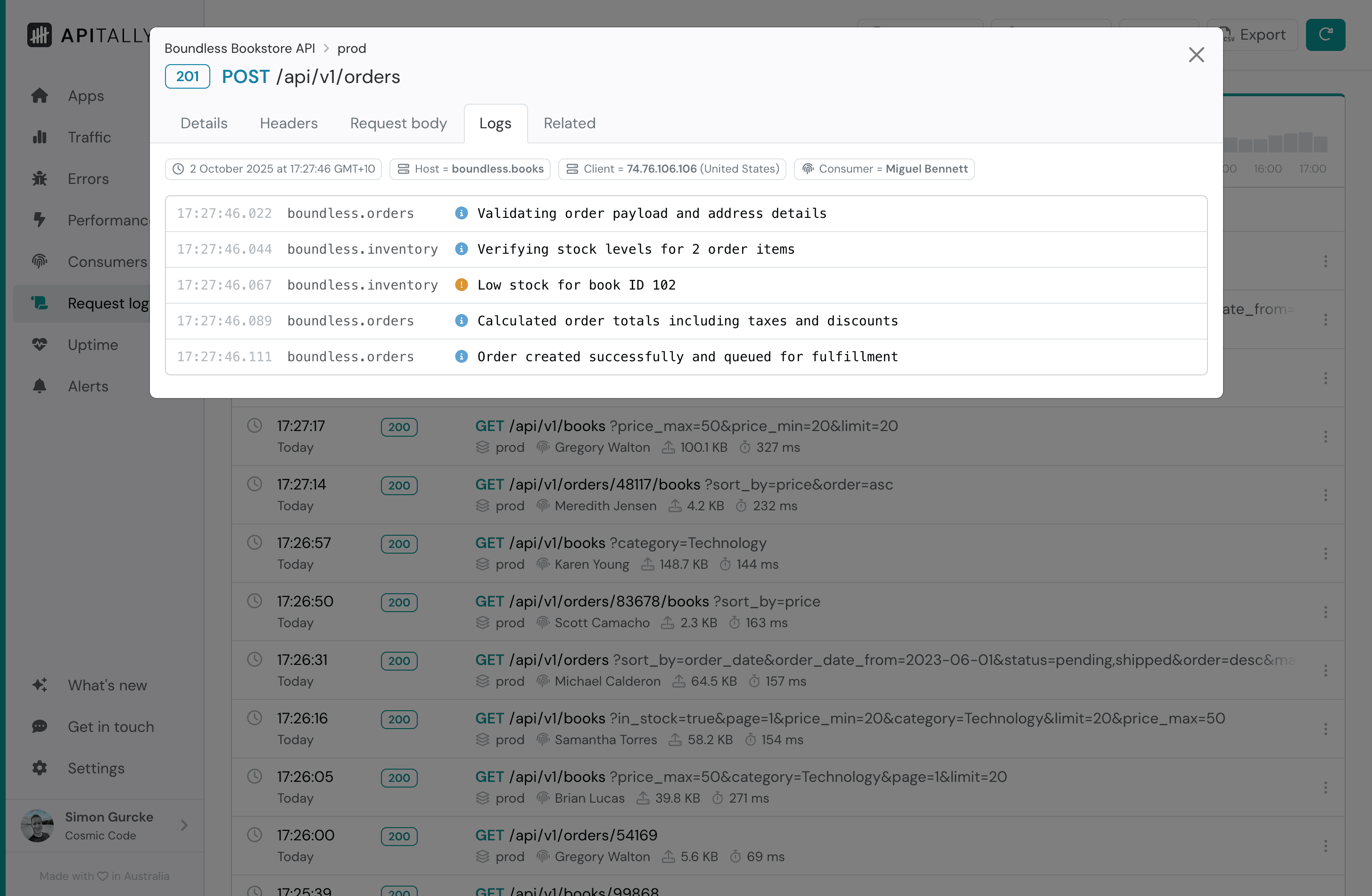 Screenshot of logs tab in request log item details in Apitally