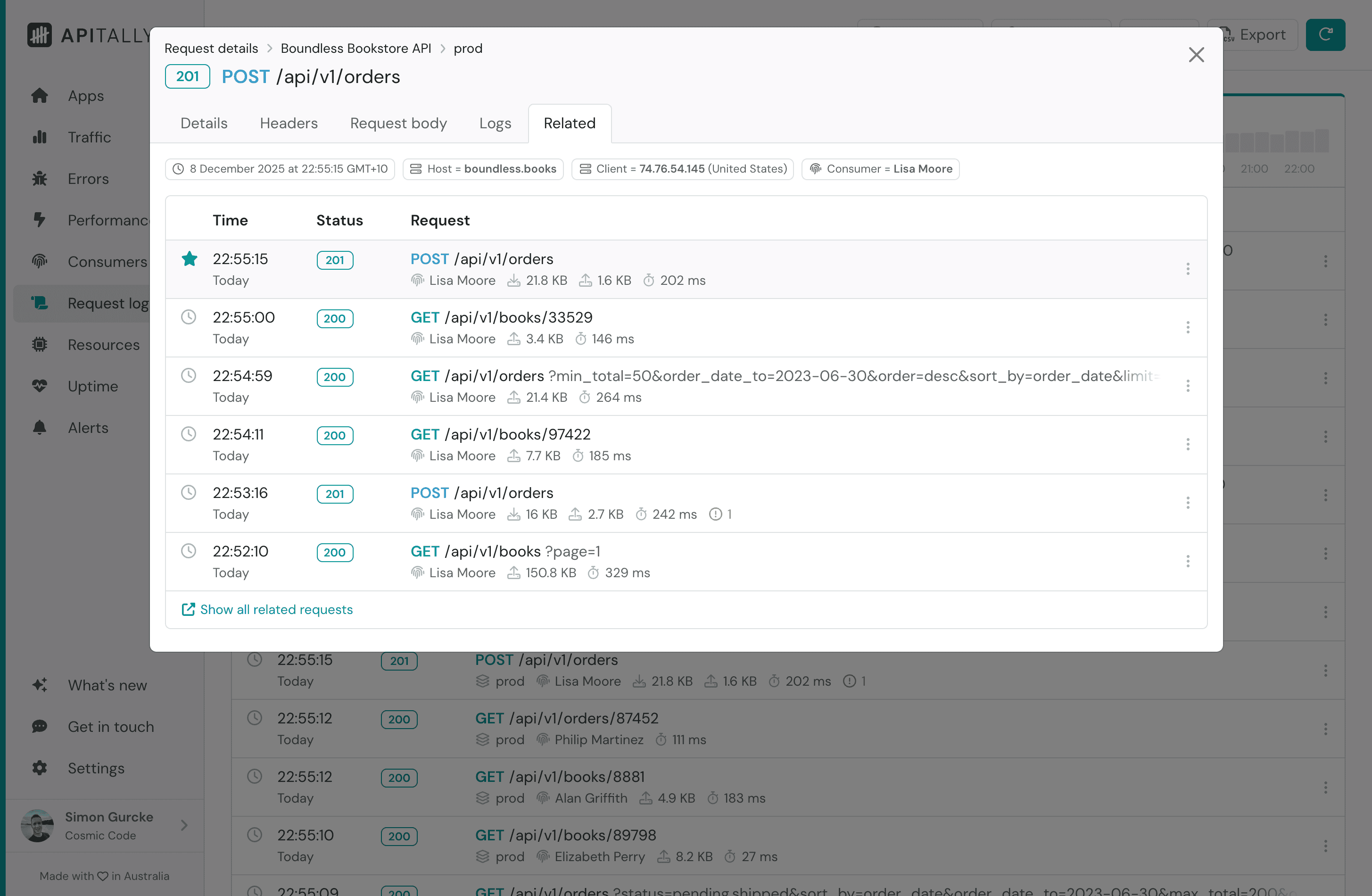 Related requests tab in request log item details in Apitally