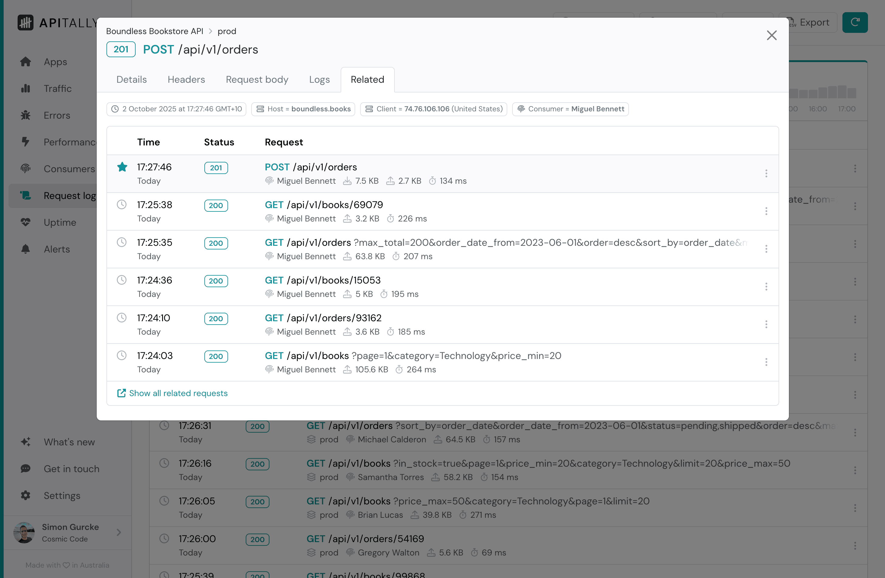 Screenshot of related requests tab in request log item details in Apitally