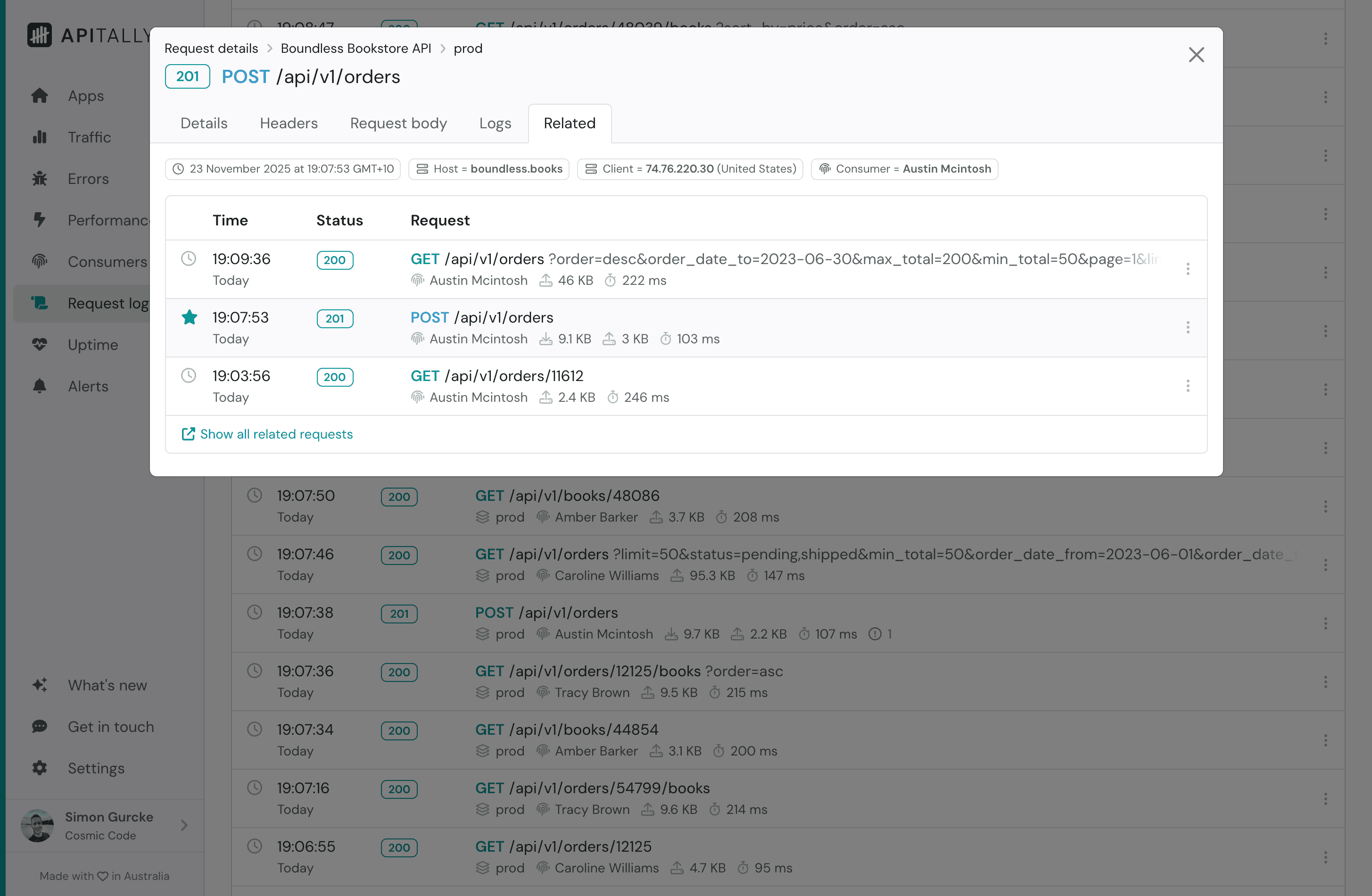 Screenshot of related requests tab in request log item details in Apitally
