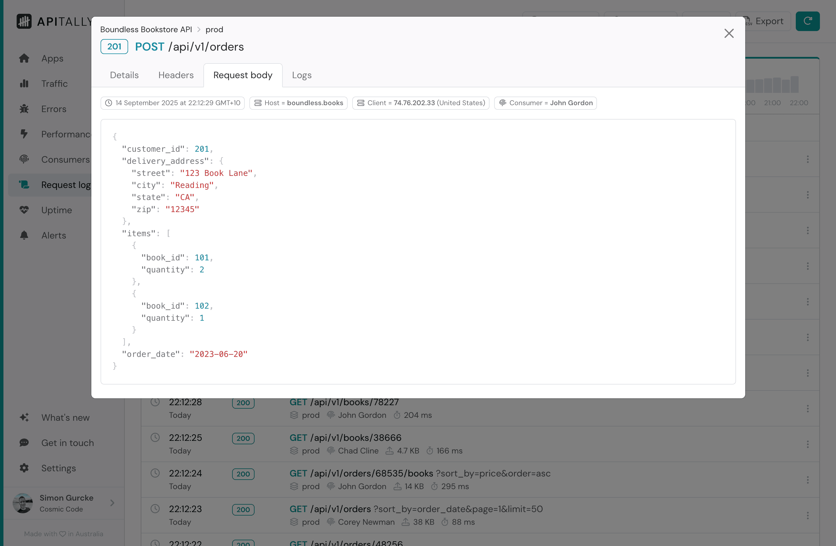 Screenshot of request body tab in request log item details in Apitally