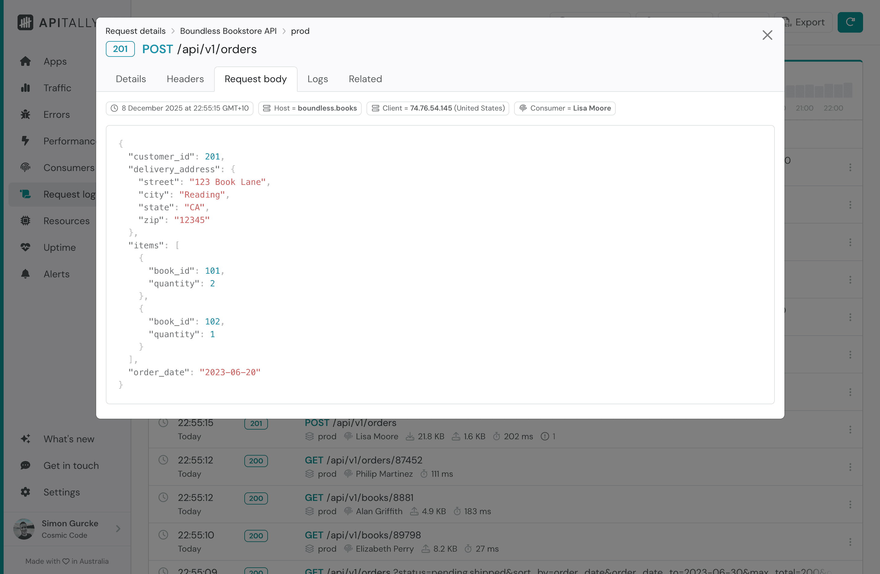 Screenshot of request body tab in request log item details in Apitally