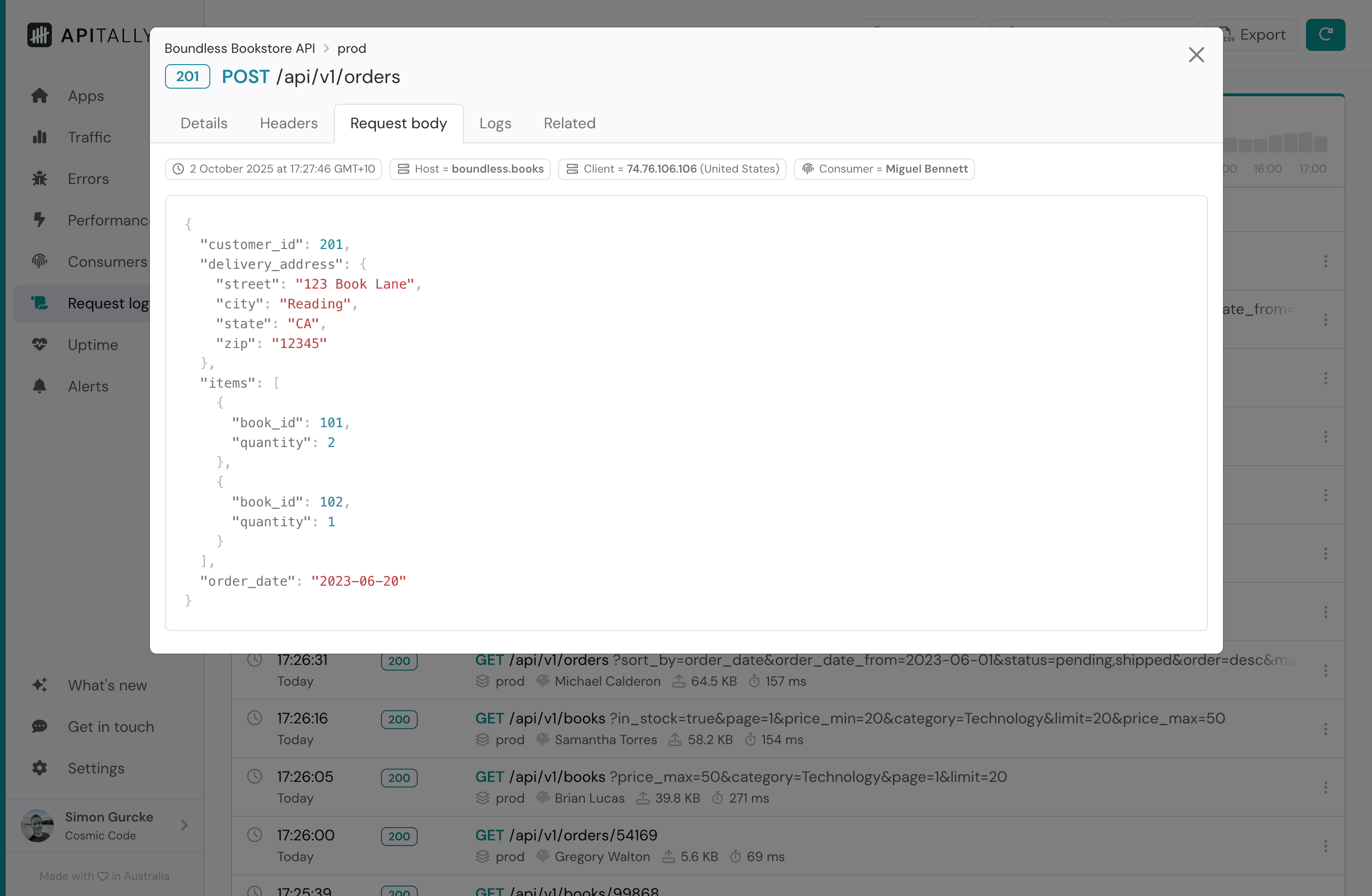 Screenshot of request body tab in request log item details in Apitally