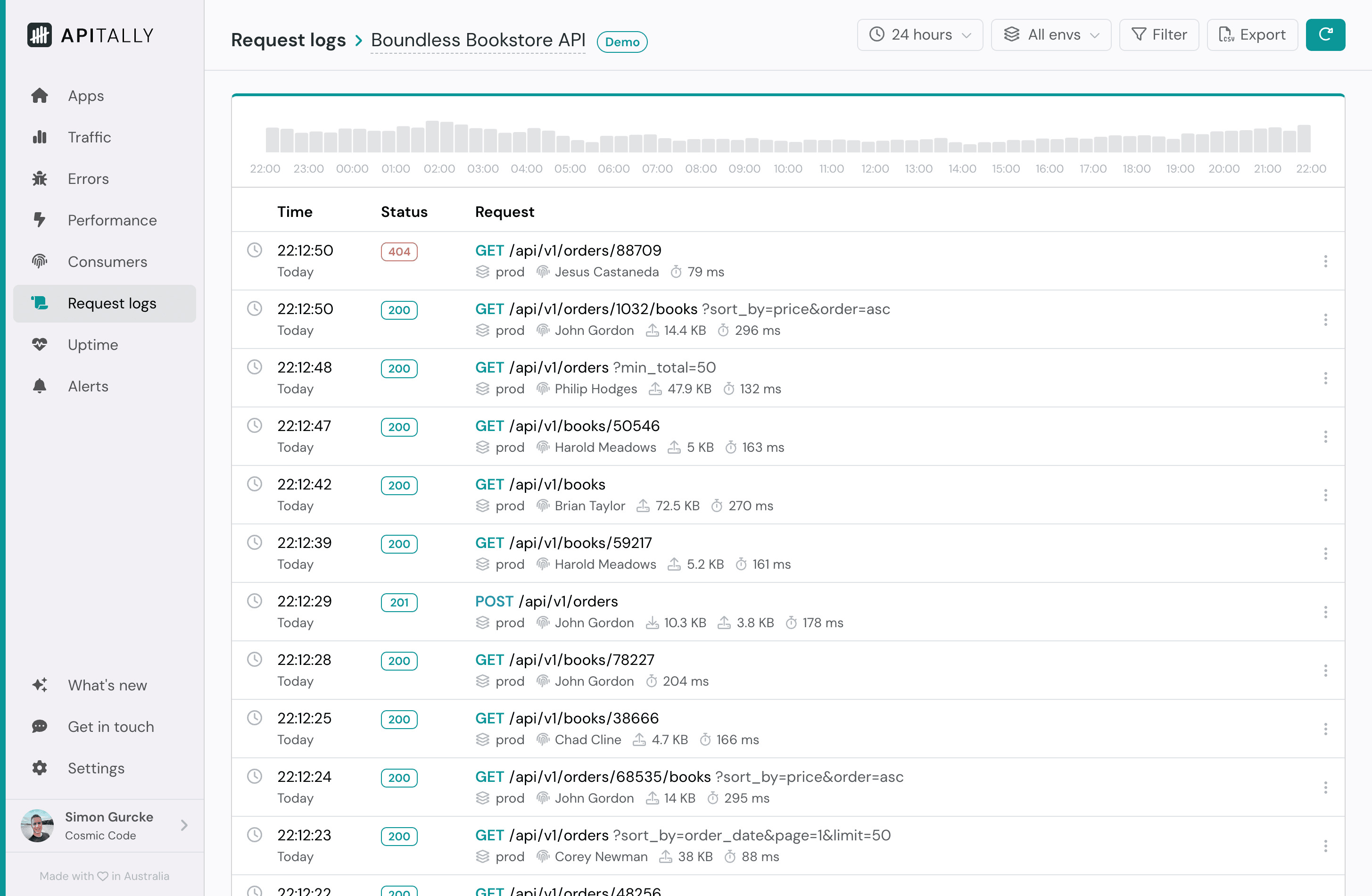 Screenshot of request logs in Apitally