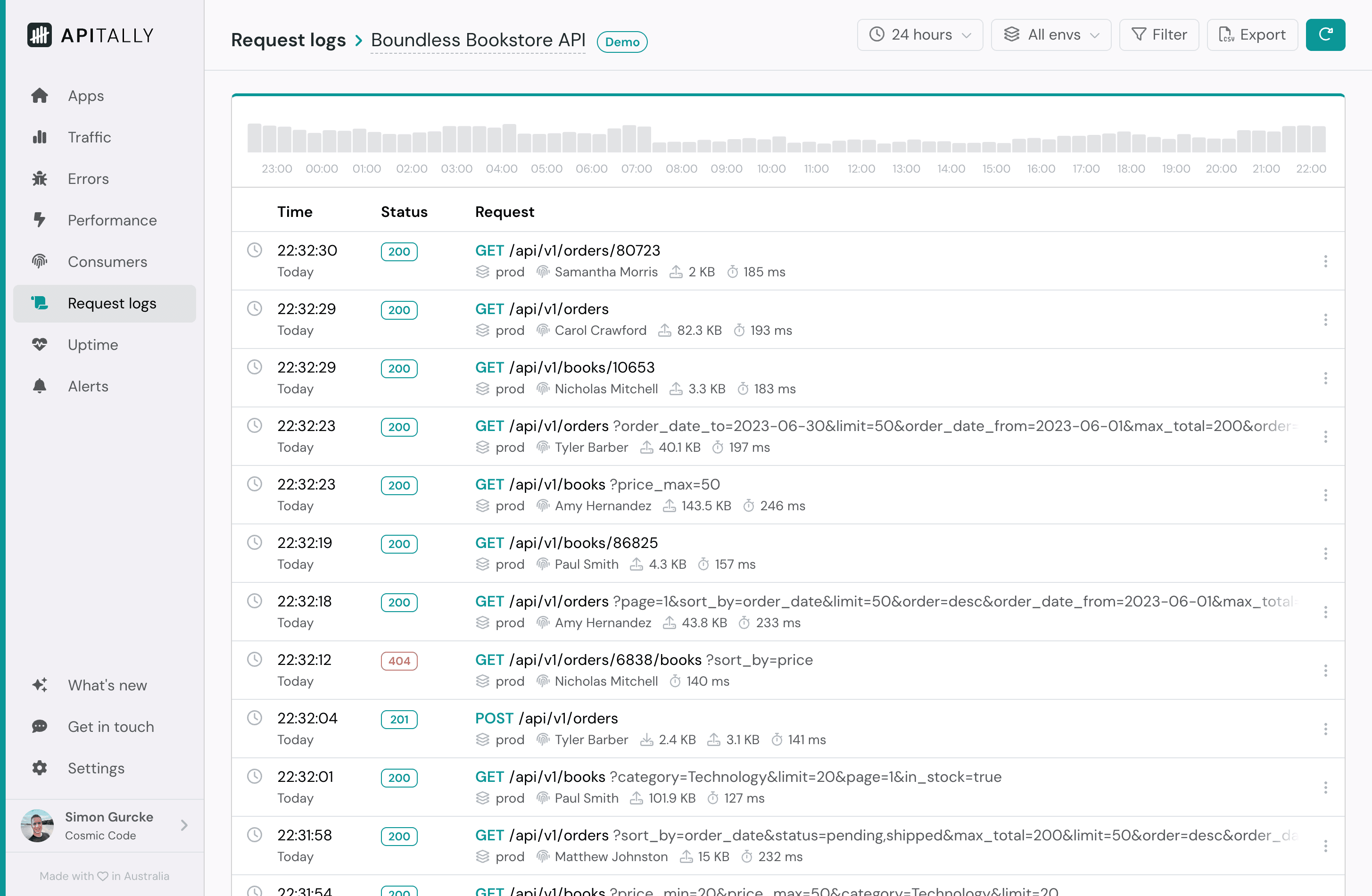 Screenshot of request logs in Apitally