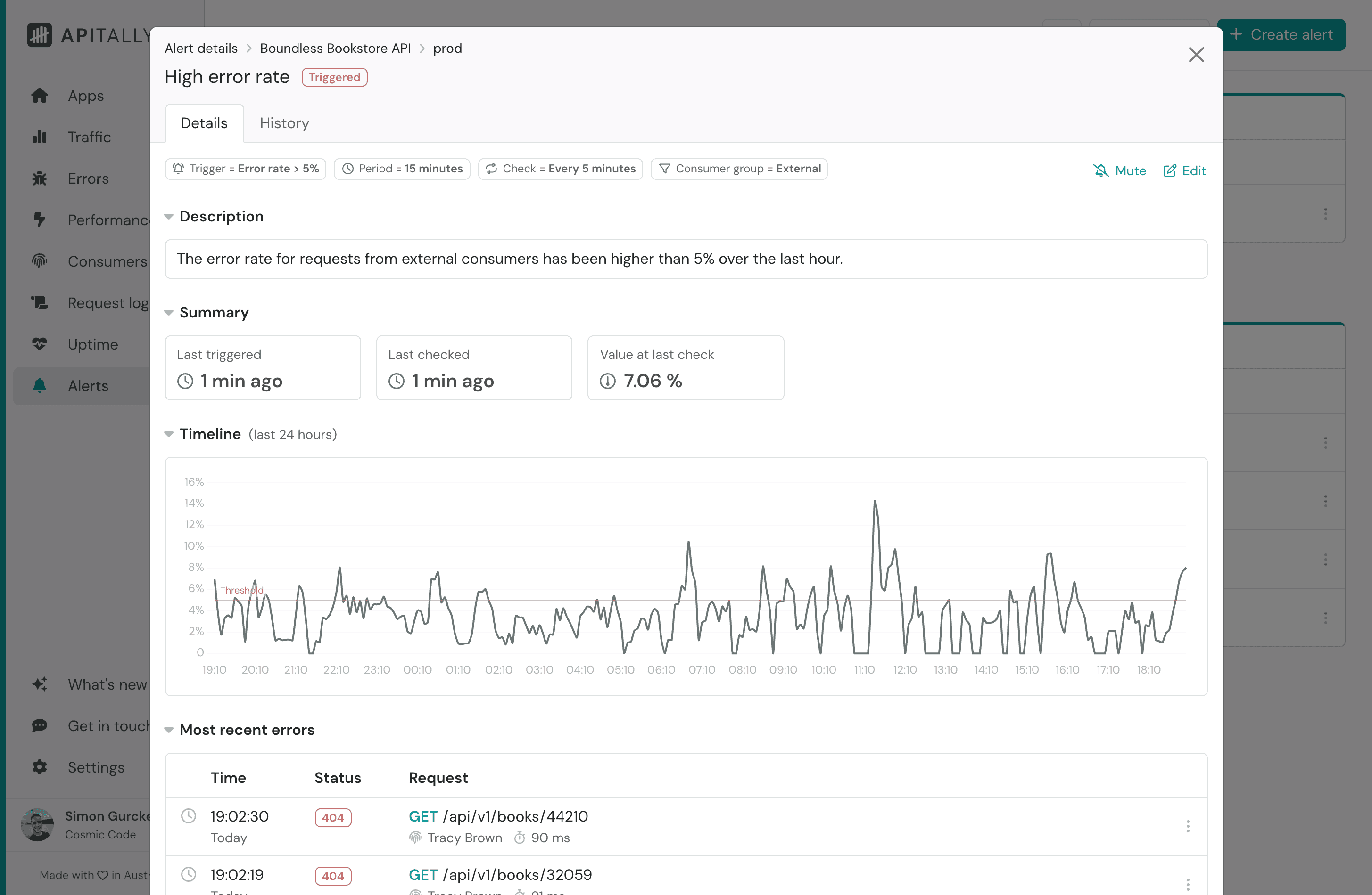Screenshot of custom alert in Apitally